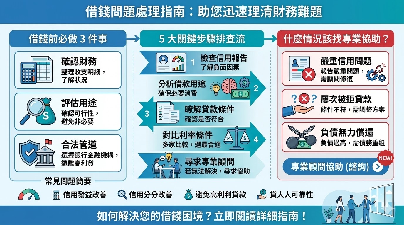 當面臨借錢困難時，了解如何處理和解決問題至關重要。本文將帶您走過借錢的處理流程，從信用問題到貸款條件的排查，幫助您找出根本原因並提供解決方案。我們將介紹如何避免高利貸、選擇合法貸款渠道，並且指導您在遇到負債過高時，何時尋求專業協助，讓您能夠安全且有效地解決借錢問題。